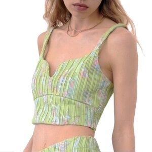 Zara Crop Top Tank Cami Sweetheart Plunge Neck Pinch Pleated Pastel Print NWOT